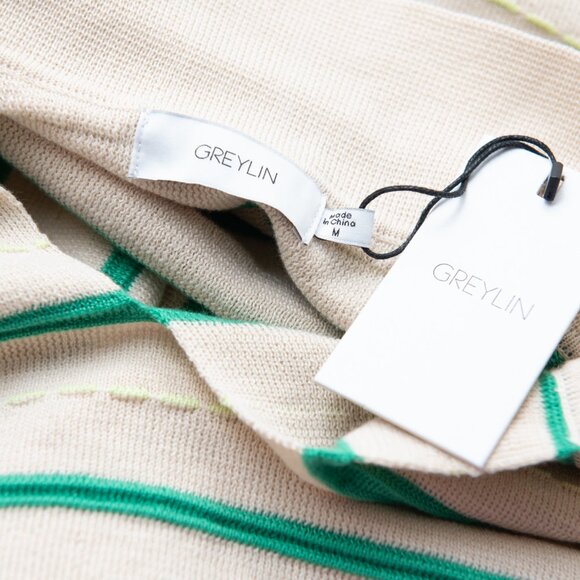 Greylin Billie Knit Polo Top Stripe Collar Short Sleeve Tan Green Medium New - Picture 4 of 6